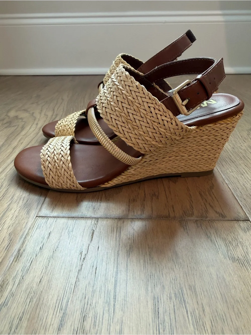 MIA Natural Straw Wedge Sandals with Brown Leather Straps
